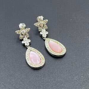 NF China Pink Mother Of Pearl CZ Sterling Silver 925 Dangle Drop Earrings